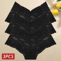 3PCS/Set Women Lace Panties V Waist Sexy Lingerie Perspective Solid Color Boyshorts Female Breathable Underwear Floral Lace Pant S&3pcs