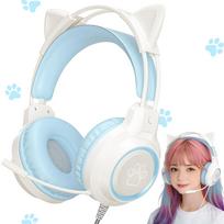 YIK TUNG Cat Ear Gaming Wired Headphones with 40mm RGB USB Soft Protective Excellent Sound Adjustable Cute Compatible with and Language New Japanese mėlyna