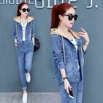 Fashion Hooded Denim 2 Piece Sets Women Outfit Spring Autumn Casual Long Sleeve Jean Jacket + Elastic Waist Jeans Fashion Suit L abrikosas