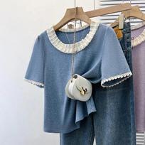 Women Ribbed Short Sleeve T-Shirt With Lace Trim Round Neck L mėlyna