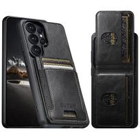 Verslo magnetinis odinis dėklas-piniginė su vertikaliomis kortelių angomis Samsung Galaxy S26 Ultra S25 Plus S24 S23, su stoveliu ir telefono laikikliu Galaxy S24 Ultra juoda