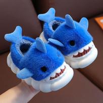 1 Pair Youngsters' Shark Plush Slippers - Soft Fleece-Lined Slip-On Indoor/Outdoor House Shoes with Cartoon Shark Design, Non-Slip PVC Sole 24/25