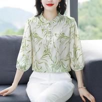 Women Green Leaf Print Mandarin Collar Half Placket Three Quarter Puff Sleeve Satin Blouse M žalia