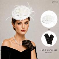 2Pcs Womens Fascinator Hat Lace Gloves Set for Tea Party Derby Wedding 2PCS balta