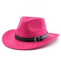 Classic suede western cowboy hat with belt detail - curved brim, outdoor, ethnic style, felt hat for men and women M（56-58cm） rožinė raudona spalva