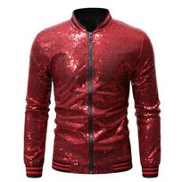 Men Sequin Jacket Stand Collar Shiny Long Sleeves Slim Fit Zipper Closure Cardigan Mid M vyno raudonos spalvos