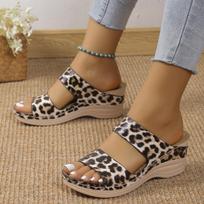Leopard Print Summer Slippers Thick Bottom Sandals Casual Round Head Women's Slope Heel Slippers 36 brown