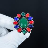 Žaliojo onikso, lapis lazurio, raudonojo koralų brangakmenių žiedas, 925 prabos sidabro žiedas, Dovana jai, Ovalus akmuo, Elegantiškas rankų darbo žiedas, Gėlių sidabro žiedas US 4 žalia