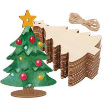 5/10/20Pcs Wooden Christmas Tree Tabletop Ornaments with Base Ropes Blank Xmas Tree Kids DIY Painting Craft Gift Home Decoration 5Pcs