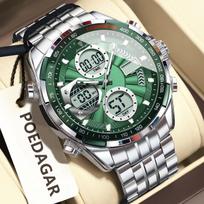 POEDAGAR Clock Waterproof Electronic LED Luxury Watches Dual Time Display Digital Stainless Steel Quartz Watch sidabras/žalia