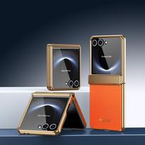 Galvanizuotas Deimanto Rašto Natūralios Odos Dėklas Skirtas Samsung Galaxy Z Flip 7 6 5 4 3 Vyriui Lęšio Apsauga Grūdinto Stiklo Dangtelis Galaxy Z Flip 7 oranžinė