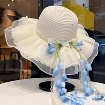 Wide Brim Straw Hat Lace Bowknot Beach Visor Summer Bonnet Sun Cap  Sweet Girls Style 3
