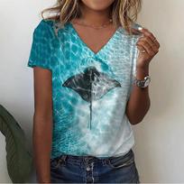 Summer Infauna Shark 3D Print T-shirt Women Streetwear Sea Turtle Shoal T Shirts Y2k Tops Woman V-Neck Tees Oversized Clothing S