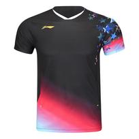 Li Ning Badmintono serija Žvaigždės raidė Gradiento spalvos Patogus kvėpuojantis universalus trumpomis rankovėmis Badmintono marškinėliai Vyriški viršutiniai drabužiai Juodi AAYV041-1 M