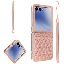 For Samsung Galaxy Z Flip 7/6/5/4 Phone Case with Bank Card Slot with Telescopic Hinge Protection, Wrist Strap,Fashion Style Galaxy Z Flip7 rožinė