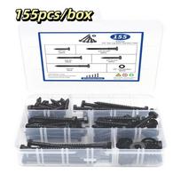 155pcs/box Black Finish 304 Stainless Steel Wood Screws Flat Washers Clear Plastic Box Self-Tapping Screws 155 Pieces Set