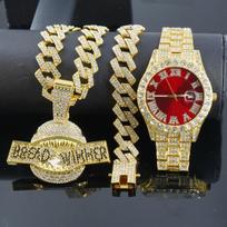 Hip Hop Diamond Shark Letter Pendant 15mm Diamond Cuban Chain Necklace Bracelet Men's Red Plate Watch