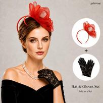 2Pcs Womens Fascinator Headband Lace Gloves Set for Tea Party Derby Wedding 2pcs raudona