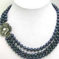 New 3 Row 6-7mm Black pearl Necklace Flwoer Clasp
