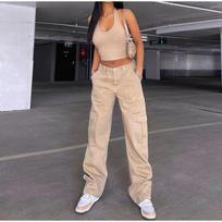 Moteriškos cargo kelnės Aukštas juosmuo Vienspalvės Laisvos Daug kišenių Pilno ilgio Minkštos Kvėpuojančios Atsitiktinės Streetwear Stiliaus Moteriškos Džinsinės Kelnės S chaki