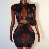 Retro raudona Qipao suknelė - Naujas vasaros stilius, figūrą paryškinantis oficialus dizainas S juoda