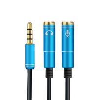 2 viename 3,5 mm ausinių ir mikrofono garso Y skirstytuvo laidas, vyriškas į dvigubą moterišką keitiklio adapterį mėlyna