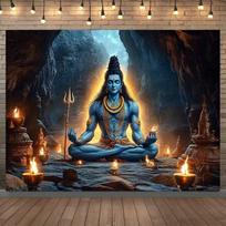 2D Flat Lord Shiva Cave Meditation Backdrop Hindu God Puja Photo Background 47.2x31.5inch/120*80cm