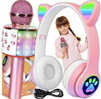 Muzikos rinkinys - belaidės bluetooth ausinės cat ear ir karaokė mikrofonas, rožinis