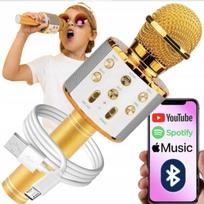 auksinės spalvos karaoke mikrofonas vakarėliams su apšvietimu, balso pakeitimo funkcija