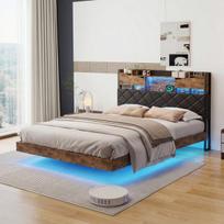 Dvigulė lova 140 x 200 cm, pakabinama lova su LED apšvietimu, galvūgaliu su daiktadėže ir USB/C tipo, vintažinio pramoninio dizaino, ruda