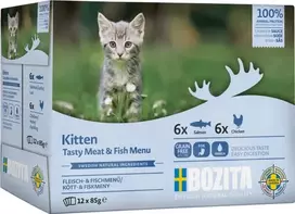 BOZITA Kitten box Mėsos ir žuvies gabaliukai padaže – šlapias pašaras kačiukui – 12x85g