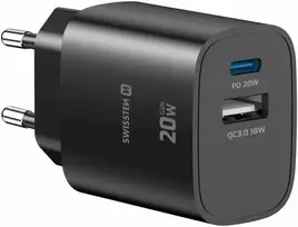 Įkroviklis Swissten SWISSTEN tinklo adapteris EDGE GaN 20W, 2 prievadų, 1x USB-C PD 20W + 1x USB-A 18W