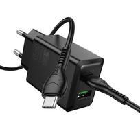 Įkroviklis telefonui Hoco USB A + USB C QC3.0 PD AFC 3A 30W + kabelis USB C į USB C N71 juodas