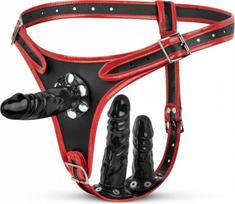 Dirželis su prisegamu vibratoriumi EasyToys Fetish kolekcija trigubas dildo, reguliuojamas dydis, universali stimuliacija