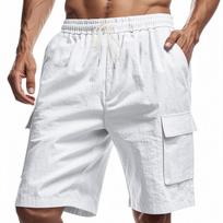 Summer Multi-pocket Tooling Shorts Men's Sports and Leisure Loose Solid Color Linen Drawstring Beach Pants XXXL balta