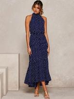 Women's long dress popular new neck polka dot printing lace-up dress XXL mėlyna