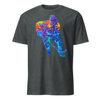 Abstraktus spalvingas ledo ritulio žaidėjo siluetas T-shirt | Sportininko dizaino marškinėliai S įvairiaspalvis