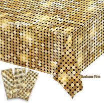 Neon Disco Night Casino Theme Tablecloth with Gold Sequins for Birthday Party Decor.
