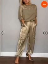 2024 Europe, America, Amazon Independent Station Smooth Satin Women's Short Sleeve Casual Pants Two-piece Set S auksas