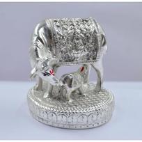 CraftVatika 999 Pure Silver-Plated Kamdhenu Cow with Calf Idol Statue 2.5 Inch Vastu Home