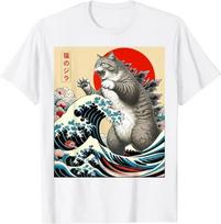 Catzilla Cat japonų menas Juokingos katės dovanos vyrams Moterims Aukštos kokybės O formos iškirptės trumpomis rankovėmis 100 % medvilnės marškinėliai 50961 S