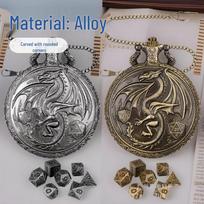 DND Dragon Pattern Vintage Pocket Watch Case Set with 7 Metal Dice Portable Storage for Role-Playing Accessories