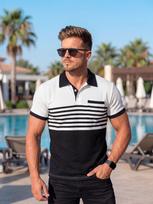Men Casual Striped Color Block V Neck Polo Shirt With Chest Pocket S balta