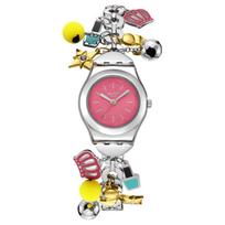 SWATCH kvarcinis mechanizmas 30 metrų atsparumas vandeniui pakabukas apyrankė moteriškas laikrodis Šveicariškas laikrodis 25 mm rožinis ciferblatas nerūdijančio plieno korpusas YSZ101G rožinė