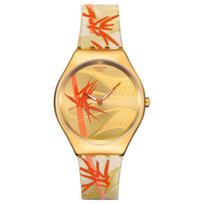 SWATCH Skin Irony serijos Kvarcinis mechanizmas Atsparus vandeniui 30 metrų Unisex Šveicariškas laikrodis 38 mm Auksinis ciferblatas Nerūdijančio plieno korpusas Odos audinio dirželis SYXZ105 auksas
