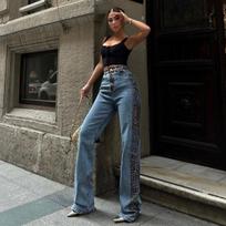 Premium Sense of Micro-lapel Leopard Jeans Spring Women Straight Trousers Draped Sense of High-waisted Thin Denim Trousers Women L mėlyna