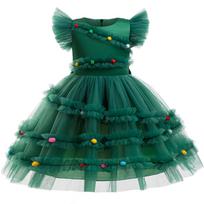 Kids Xmas Party Dress Girls Christmas Tree Tutu with Pompoms Flying Sleeve for Holiday Photo Shoot Celebration 9-11 Years žalia