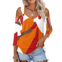 Women's Casual Shirt Blouse Print V-neck Sexy Cold Shoulder 3/4 Sleeve Top M oranžinė