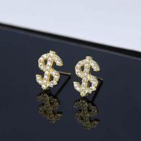 New Gothic Copper Zircon Dollar Symbol Stud Earring for Men Women Hip Hop Gold Color Plated Earrings Design Jewelry Gifts