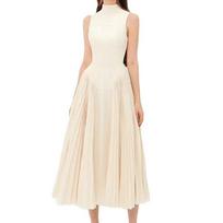 Summer Women's Stand-up Collar Temperament Light Mature Wind Dress Pleated Spelling Receiving Waist Dress Long Dresses S abrikosas